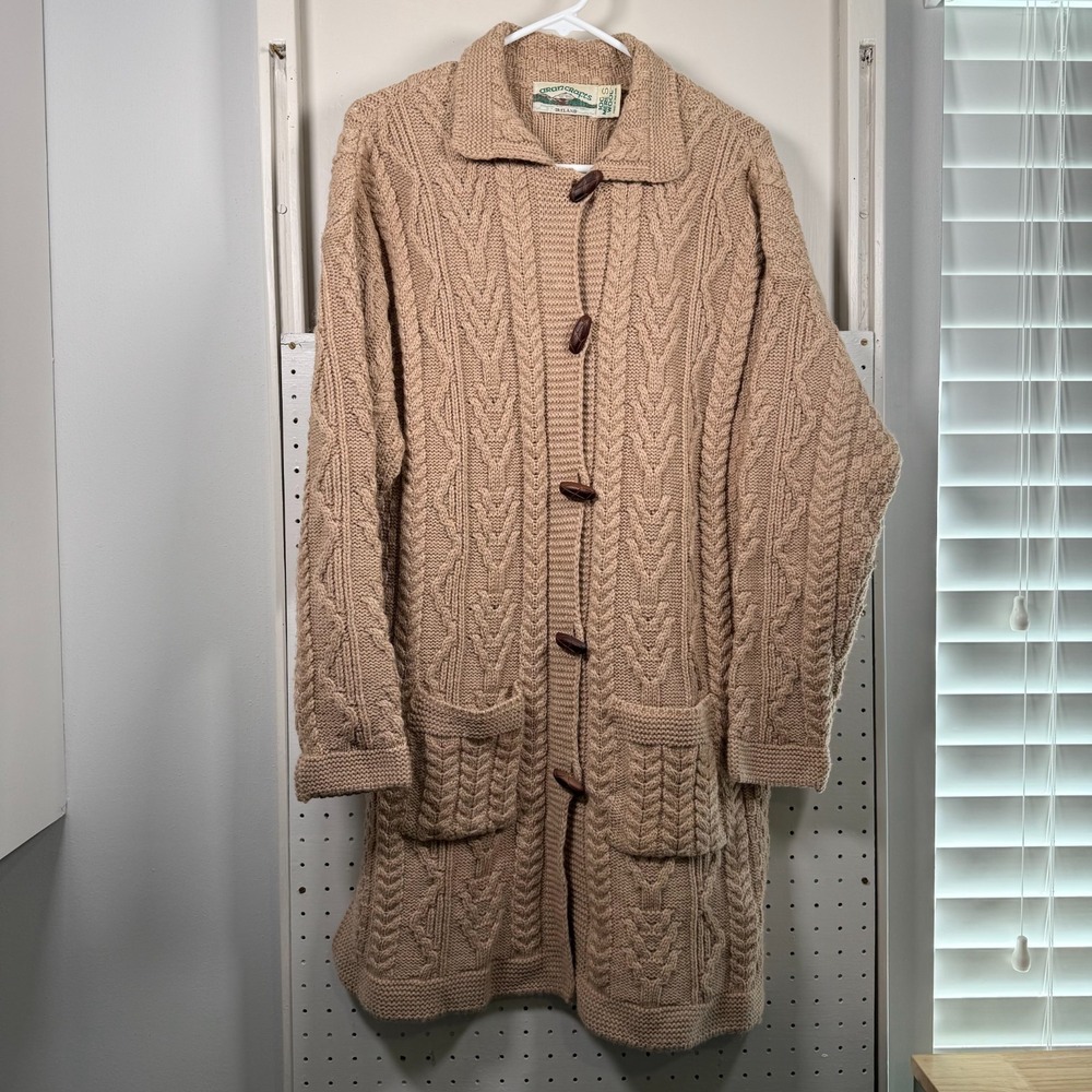 Aran Crafts Long Cable-Knit Cardigan Women's Beige Merino Wool Sweater‎ - Small